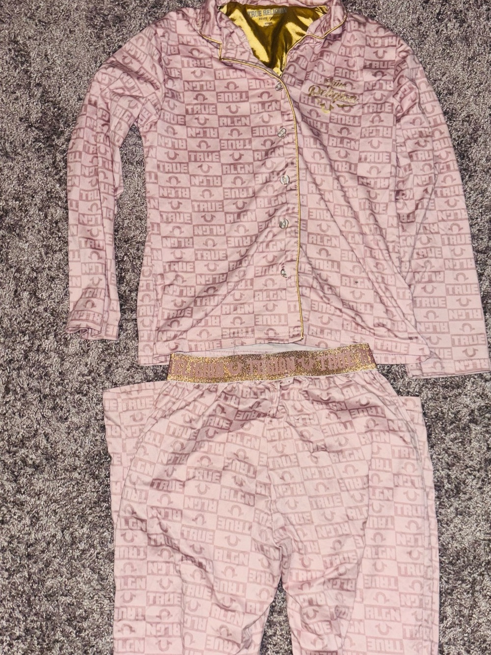 True Religion Pink Logo Print Girls Pajama Set with Gold Trim
